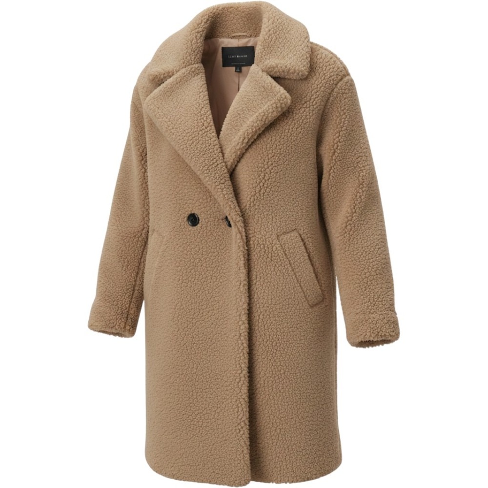 Lucky Brand Women Camel Brown Teddy Coat Faux Fur Sherpa Jacket M Double Breast